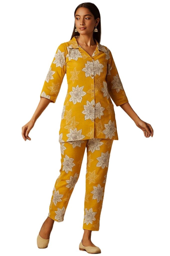 PickCell Printed Delta Fabric Coord Set for Women | Yellow view 3