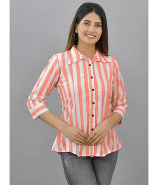 QuaClo Women Striped Cotton Shirt ( Orange )