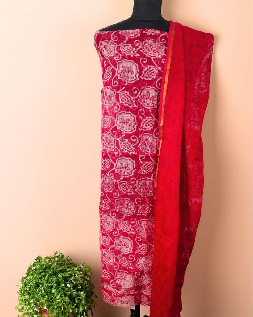 Pure Cotton Kota Doria Suit (Top+Bottom+Dupatta) Crimson Red Color with heavy embroidered Dupatta-6191
