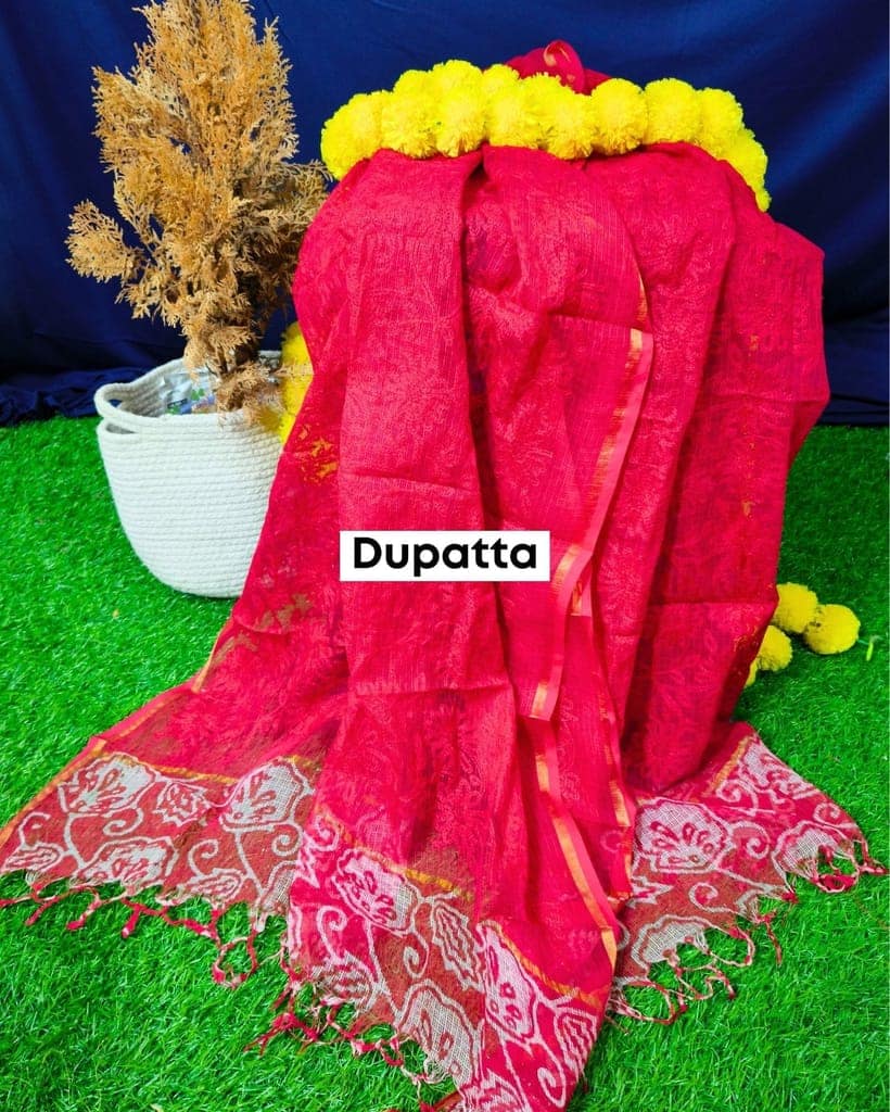 Pure Cotton Kota Doria Suit (Top+Bottom+Dupatta) Crimson Red Color with heavy embroidered Dupatta-6191 view 3