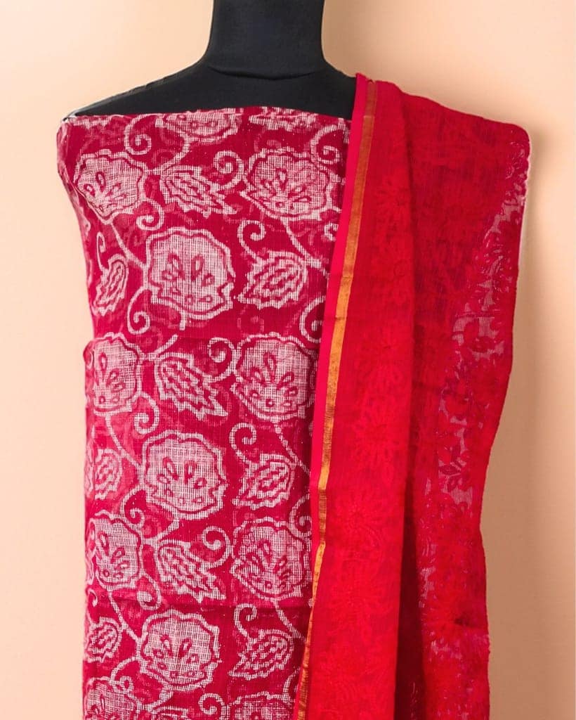 Pure Cotton Kota Doria Suit (Top+Bottom+Dupatta) Crimson Red Color with heavy embroidered Dupatta-6191 view 5