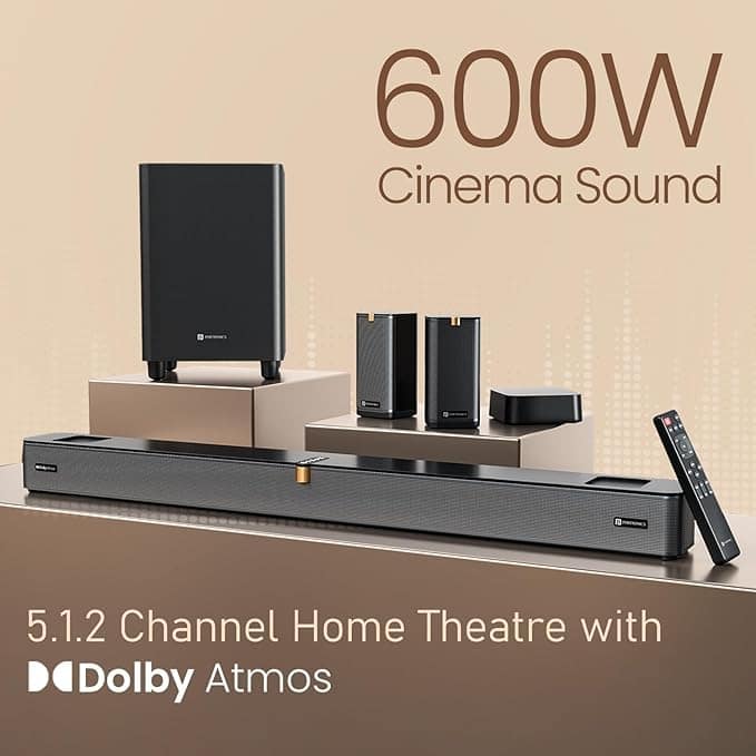 Portronics Sound Slick X1 600W 5.1.2 CH Dolby Atmos Soundbar Home Theatre with Wireless Satellite Speaker, Wired Subwoofer, Wide Comptability,HDMI ARC view 3