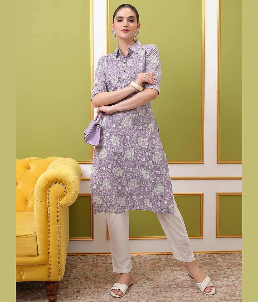 Vishudh Women Cotton Printed Straight Kurti With Pants ( Purple )