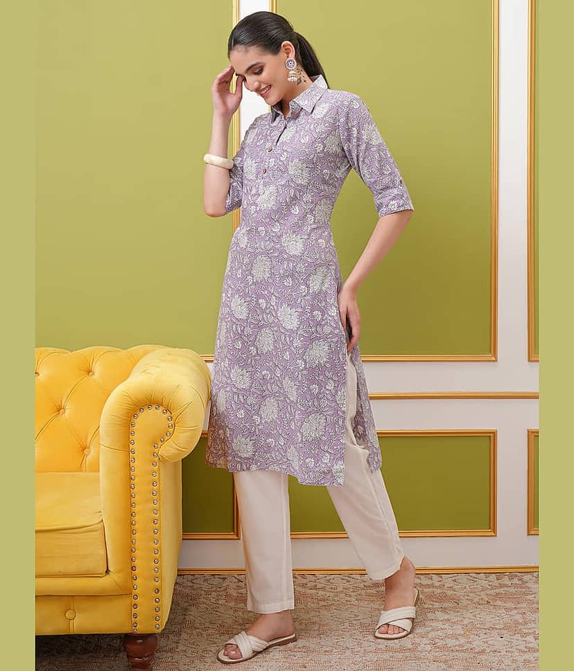 Vishudh Women Cotton Printed Straight Kurti With Pants ( Purple ) view 2