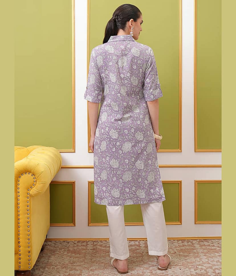 Vishudh Women Cotton Printed Straight Kurti With Pants ( Purple ) view 3