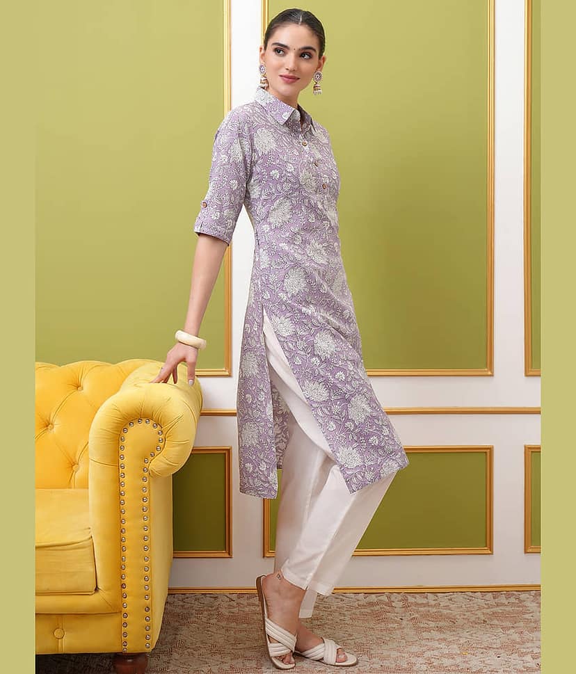 Vishudh Women Cotton Printed Straight Kurti With Pants ( Purple ) view 4