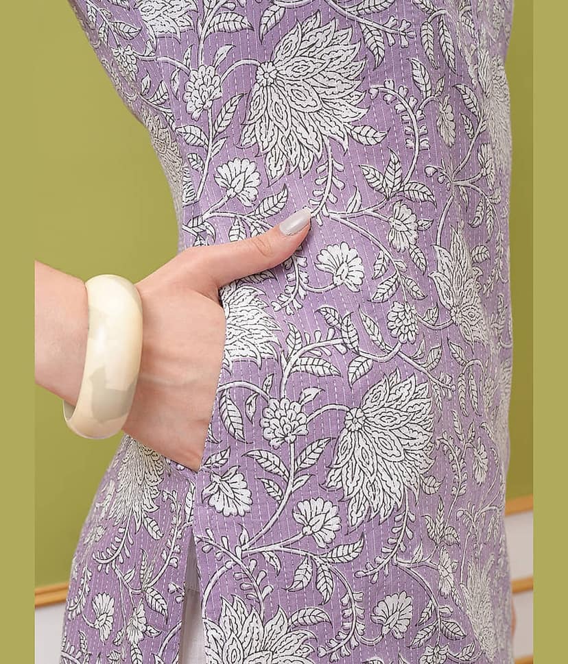 Vishudh Women Cotton Printed Straight Kurti With Pants ( Purple ) view 7