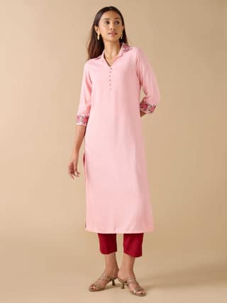 Baby Pink Viscose Slub Kurti With Cross Stitch Embroidery