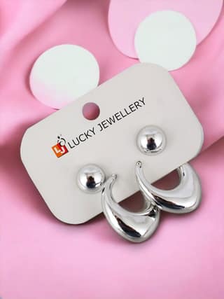 LUCKY JEWELLERY Fashion 2 Pairs Combo Set Of Latest Earrings Celebrity Inspired Stylish Trendy Silver Plated Stud Tops Earing C Shaped Dangle Semi Hoops Earring for Women & Girls (140-CHEX-1018-2)