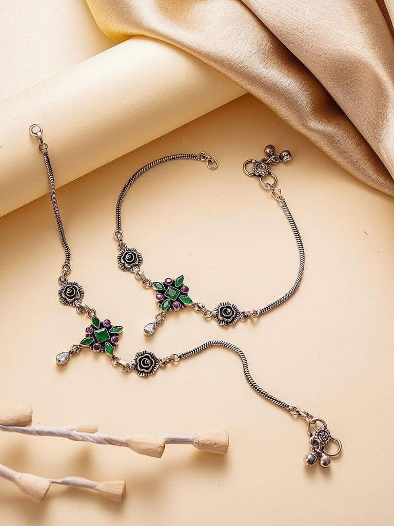 Silver Toned Green Red Rose Charm Details Trendy Payal Anklet