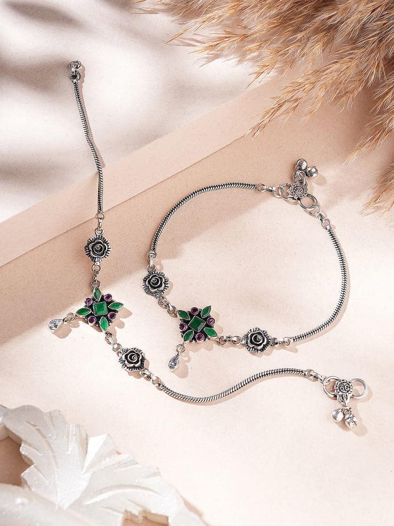 Silver Toned Green Red Rose Charm Details Trendy Payal Anklet view 2