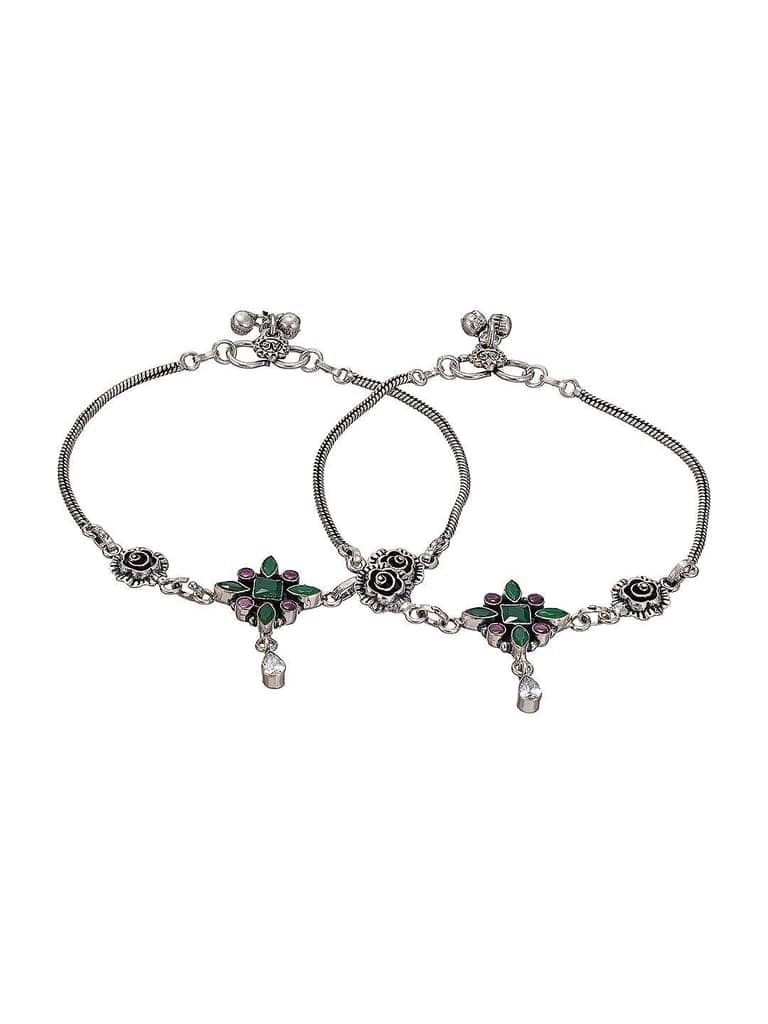 Silver Toned Green Red Rose Charm Details Trendy Payal Anklet view 8