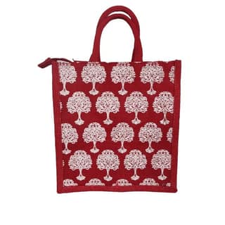 Red Jute Tote Bag with White Tree Pattern - Eco-Friendly & Stylish