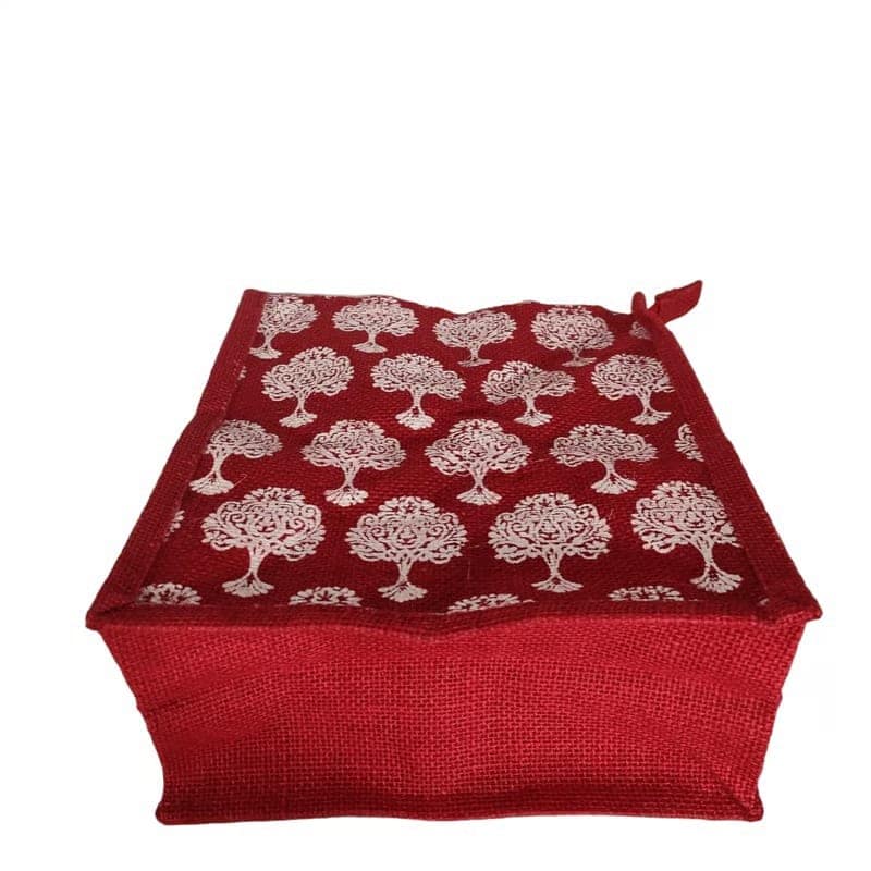 Red Jute Tote Bag with White Tree Pattern - Eco-Friendly & Stylish view 3