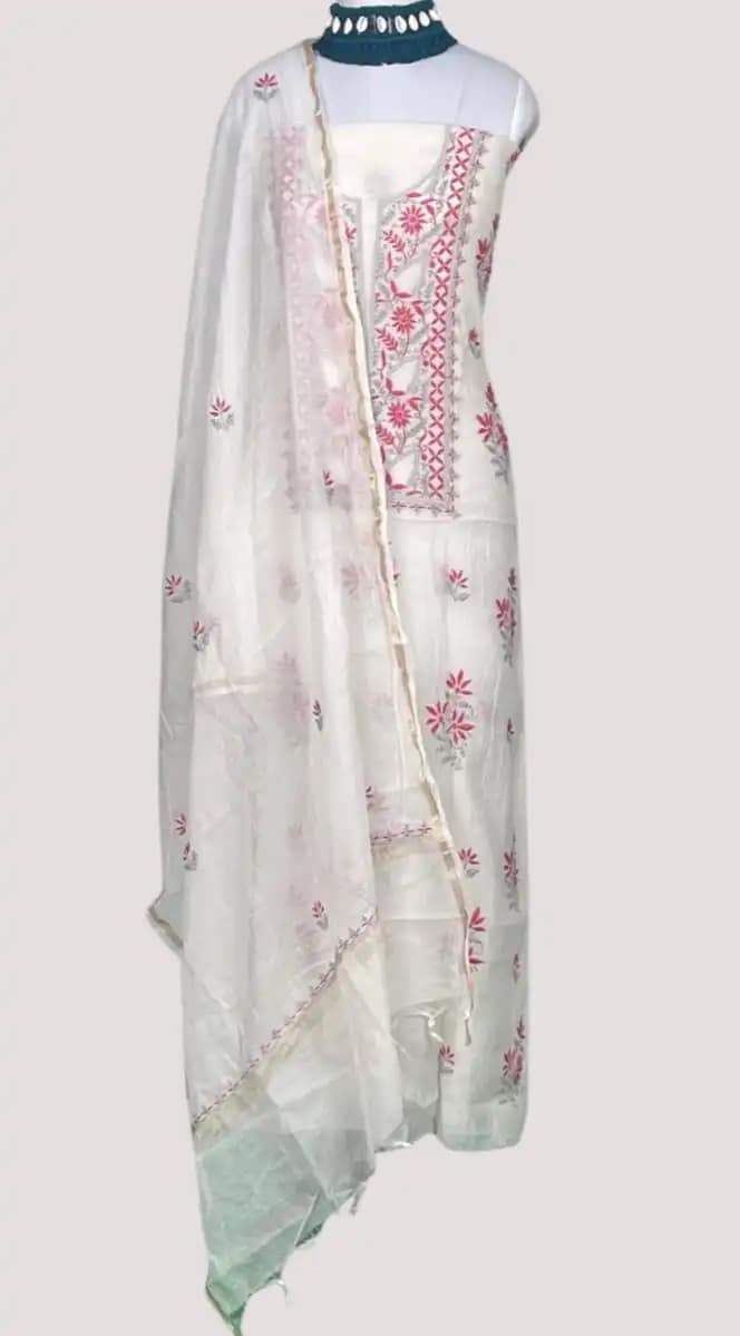Chikankari Mul Chanderi Dress Material Crimson Red Floral