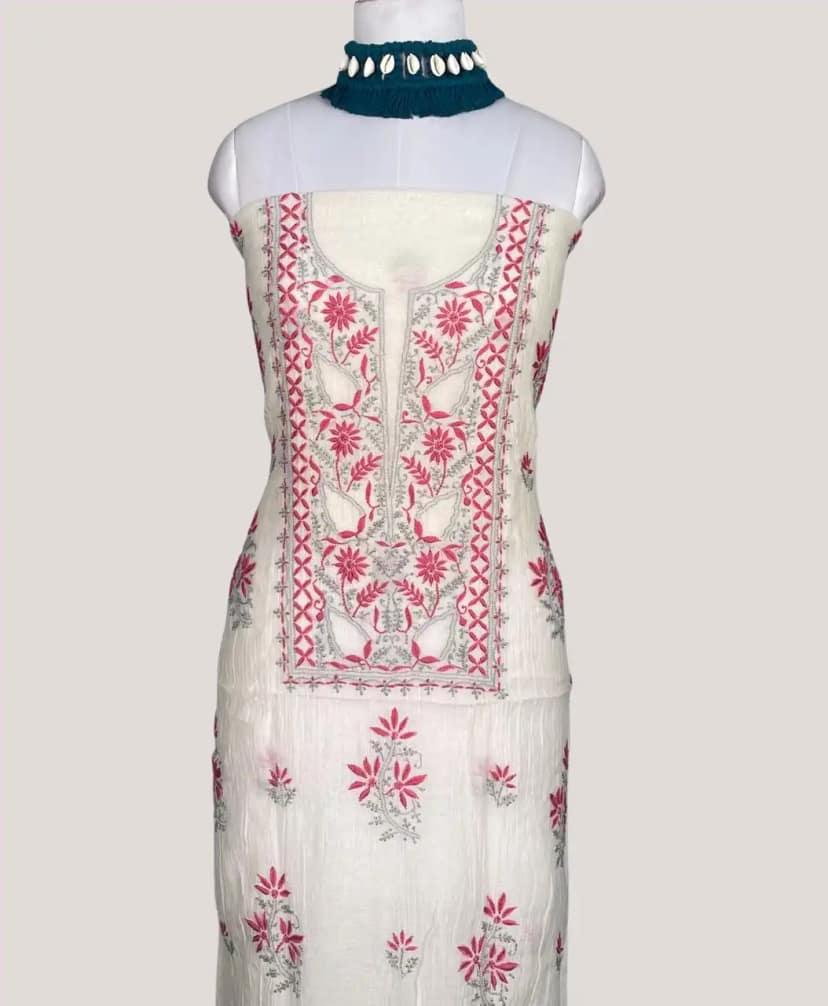 Chikankari Mul Chanderi Dress Material Crimson Red Floral view 2