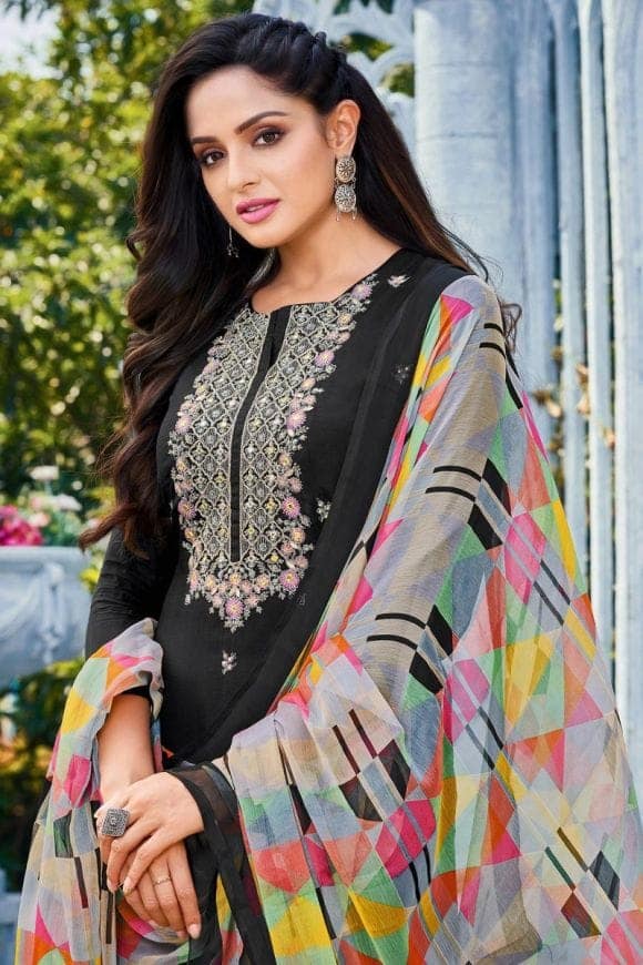 Black Color Daily Wear Embroidered Chanderi Fabric Salwar Suit ( Unstitched ) view 2