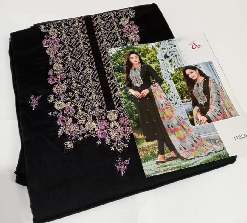 Black Color Daily Wear Embroidered Chanderi Fabric Salwar Suit ( Unstitched ) view 3