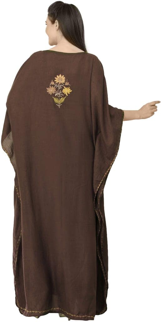 Apple-Butter Crushed Kashmiri Kaftan with Aari Embroidered Multicolored Flowers view 3
