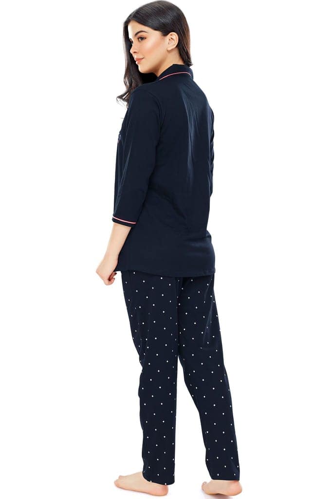 ZEYO Women's Cotton Rust Brown Dot Printed Stylish Night suit set view 3