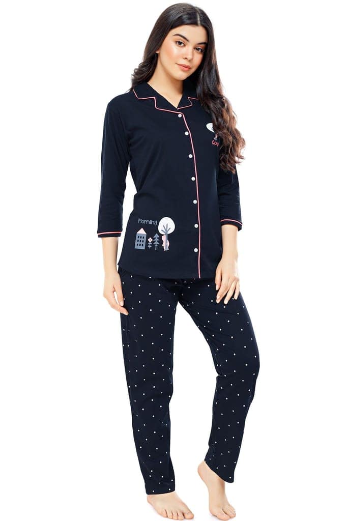 ZEYO Women's Cotton Rust Brown Dot Printed Stylish Night suit set view 4
