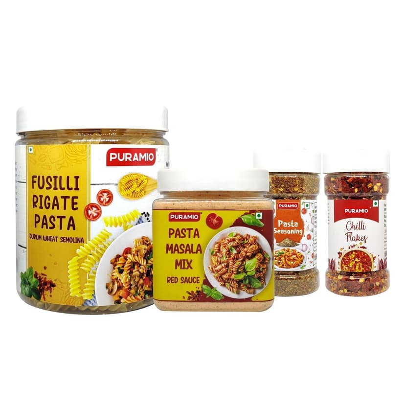 Puramio Pasta Combo Pack Fusilli - Durrum Wheat Semolina Pasta, 480 gm, Pasta Masala Mix - Red Sauce, 250 gm, Pasta Seasoning, 100 gm & Chilli Flakes, 70 gm