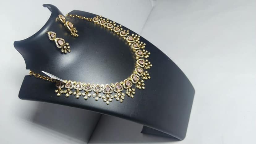 Bridal Necklace Set with Earrings in Gold and Pink view 2