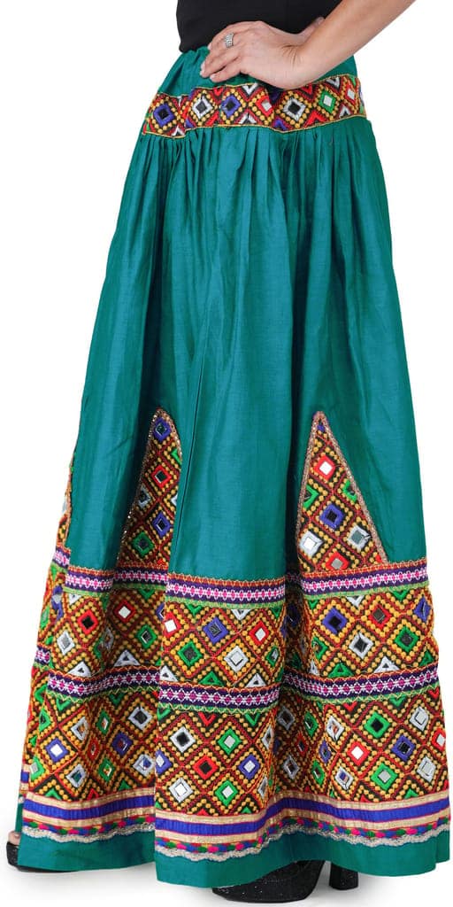 Fanfare Ghagra Skirt from Kutch with Multicolor Thread Embroidered Patch Border and Mirrors view 3