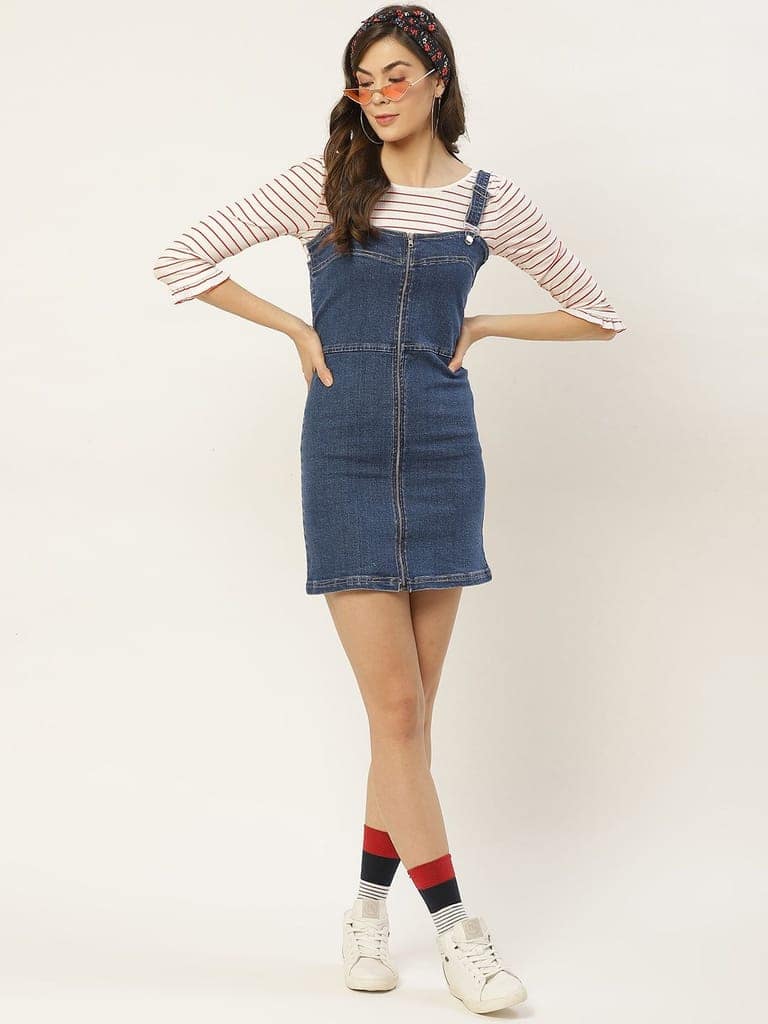 Women Blue Solid Pinafore Dress view 5