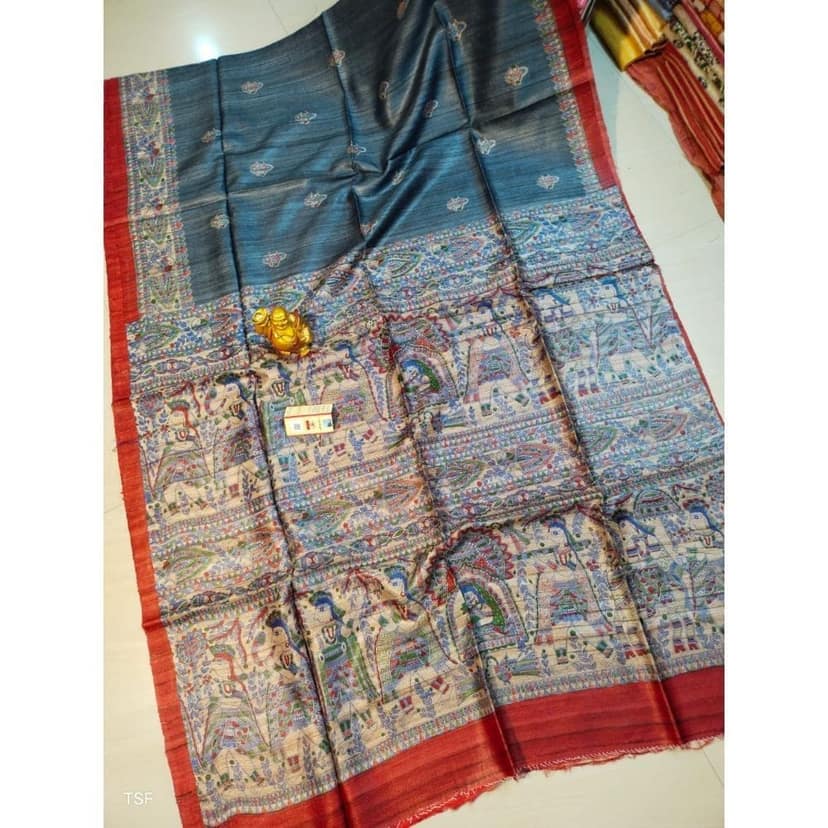 Silkmark Certified Tussar Silk Madhubani Block Print Blue Saree with Blouse-5985