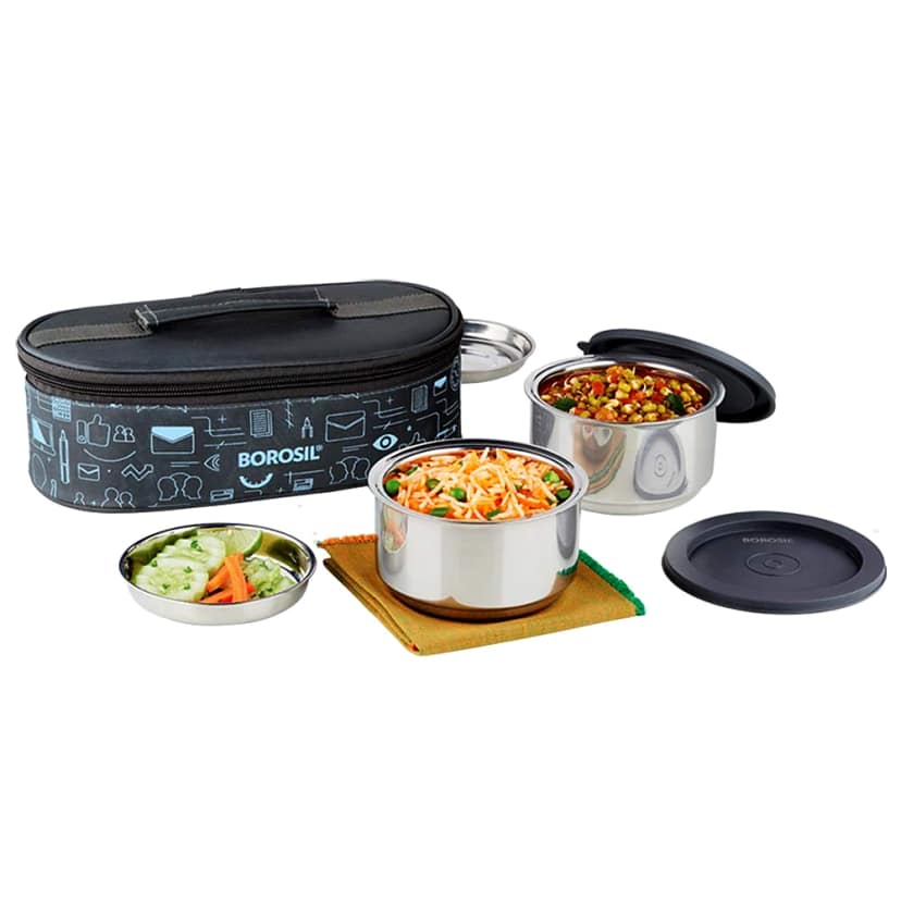Borosil Carry Fresh Stainless Steel Insulated Lunch Box Set of 2, 280 ml Horizontal by Mahavir Home Store