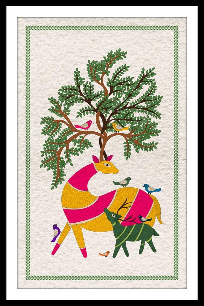 WARLI DEER WALLART 16in X 24in WITH BLACK FRAME view 2