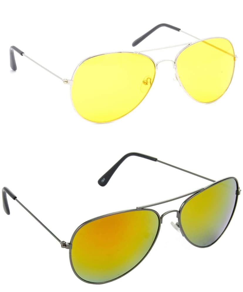 HRINKAR Unisex Pilot Sunglasses Silver & Grey Frame, Yellow Lens (Medium) - Pack of 2