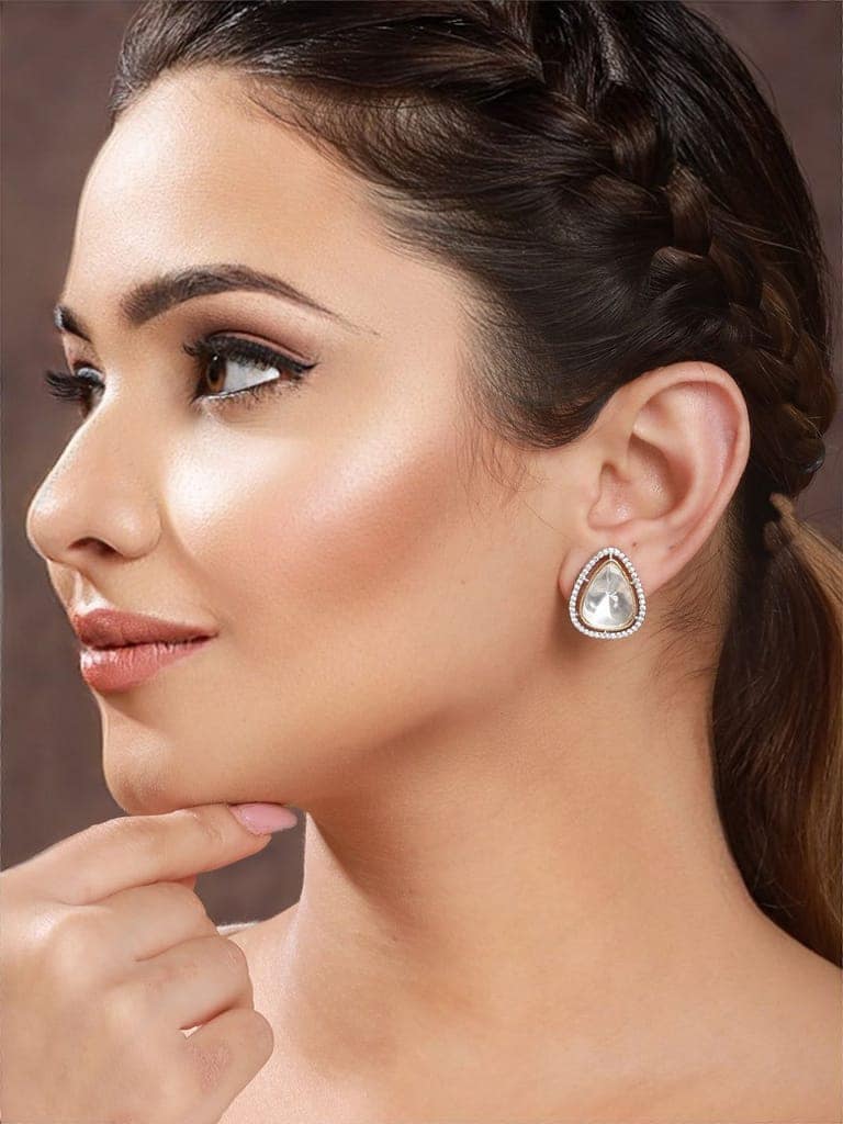 Silver Polish Kundan &CZ Studded Studds Earrings view 2