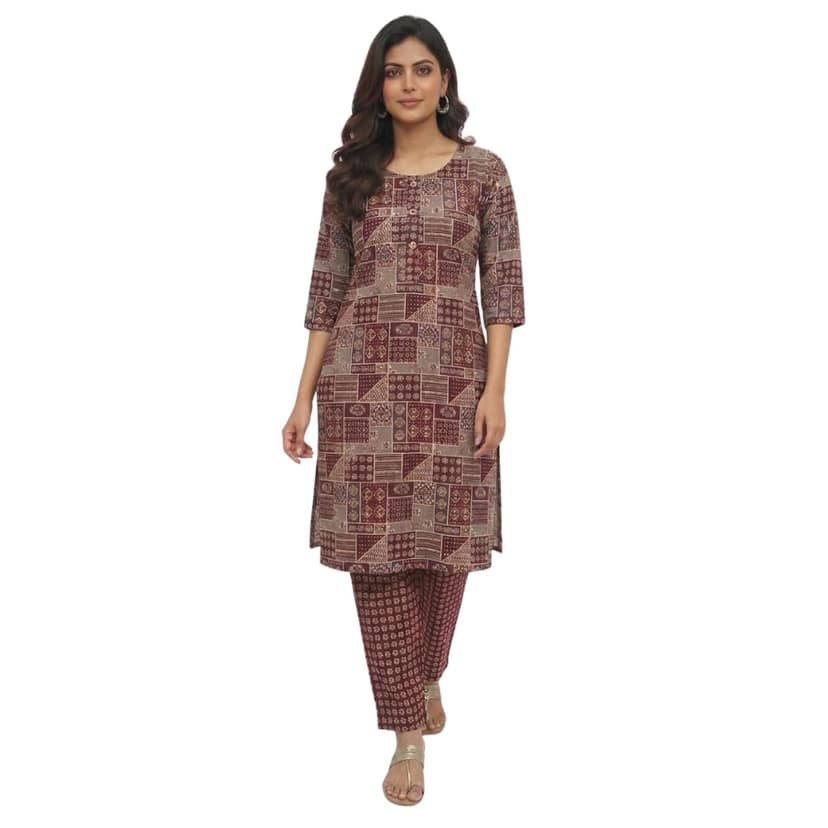 Mom and Me Women's Cotton Kurta Co-Ord Set | 3/4 Sleeves Round Neck | Ethnic Printed, Casual Summer Wear | Ethnic Co Ord Set for Women (IN, Alpha, L, Regular, Maroon)