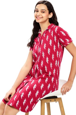 ZEYO Women Cotton Night Dress Blue Flash Print Short Nighty