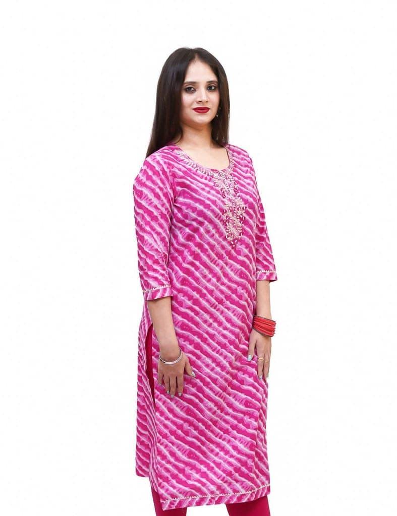 PINK HAND BLOCK LEHERIYA PRINTED COTTON STRAIGHT KURTI/KURTA view 2