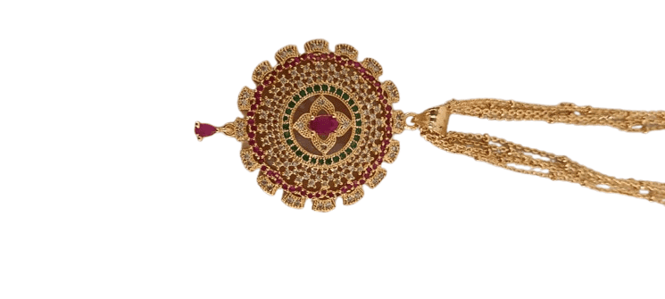 22K Yellow Gold Traditional Pendant Set with Ruby and Green Stones view 2
