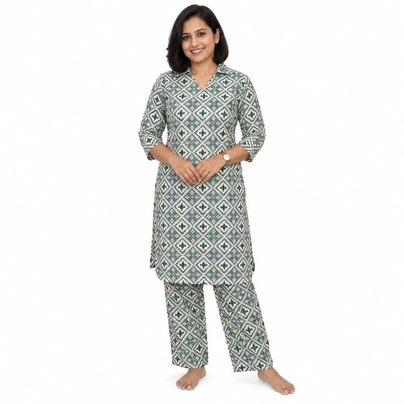Mom and Me Women's Cotton Ethnic Co-Ord Set | Printed Kurta with 3/4 Sleeves & V-Neck Collar | Casual Summer Wear Co-Ord Set for Women (IN, Alpha, L, Regular, Pista)