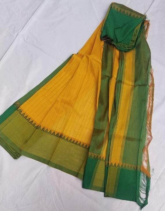 MangalagiriHandloom Yellow and Green Cotton Silk Saree With Blouse Piece view 2
