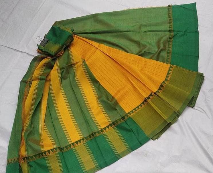 MangalagiriHandloom Yellow and Green Cotton Silk Saree With Blouse Piece view 3