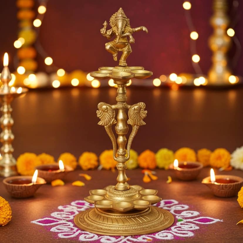 Brass Table Decor Oil Lamp, Deepak - Traditional Puja Deepak for D?cor, Height : 12.5 Inch (BSMAS291)