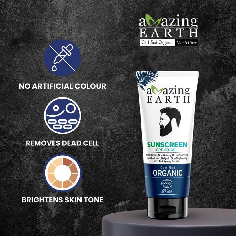AMAzing EARTH Sunscreen for Men - SPF 30 Gel Cream Certified Organic with Zinc Oxide, Aloe Vera & Macroloba Seed Oil, for Sunburn & Suntan, Matt Finish, Anti-Aging, Silicon & Paraben Free, 100gm view 2