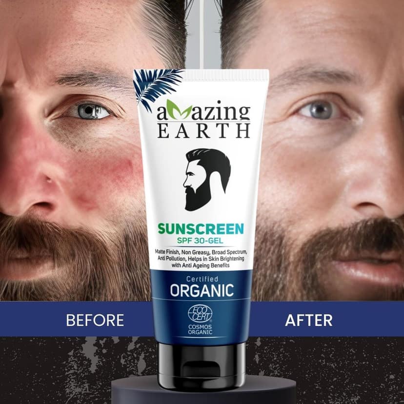 AMAzing EARTH Sunscreen for Men - SPF 30 Gel Cream Certified Organic with Zinc Oxide, Aloe Vera & Macroloba Seed Oil, for Sunburn & Suntan, Matt Finish, Anti-Aging, Silicon & Paraben Free, 100gm view 4