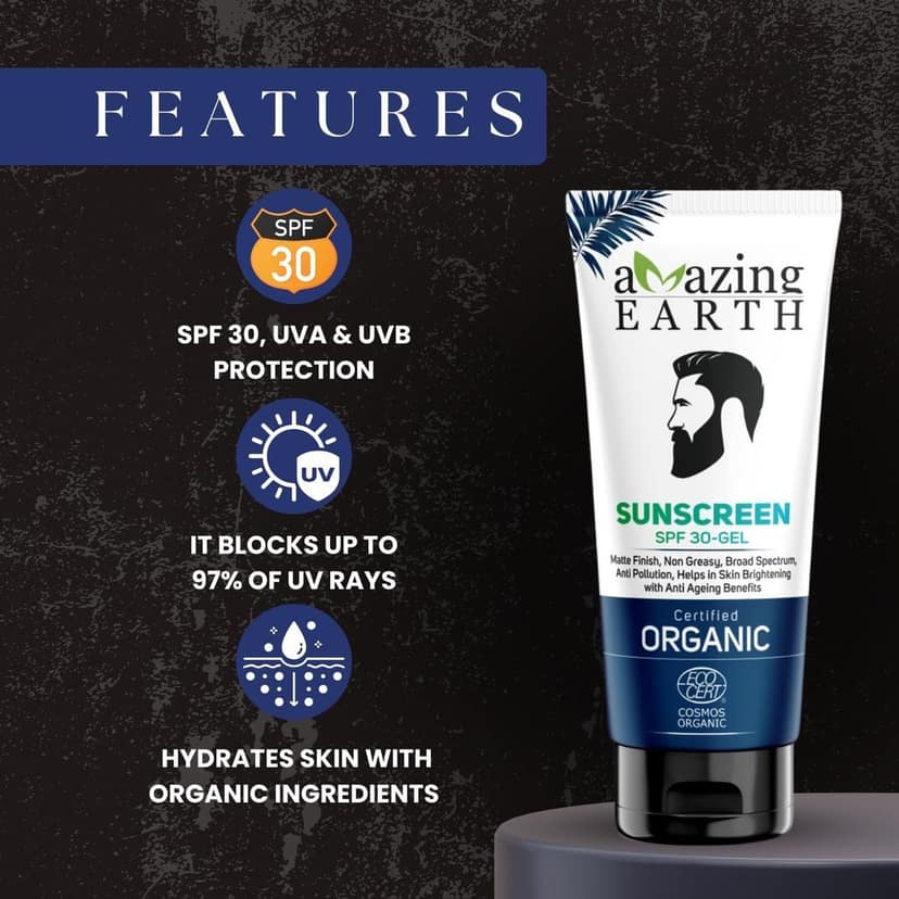 AMAzing EARTH Sunscreen for Men - SPF 30 Gel Cream Certified Organic with Zinc Oxide, Aloe Vera & Macroloba Seed Oil, for Sunburn & Suntan, Matt Finish, Anti-Aging, Silicon & Paraben Free, 100gm view 6
