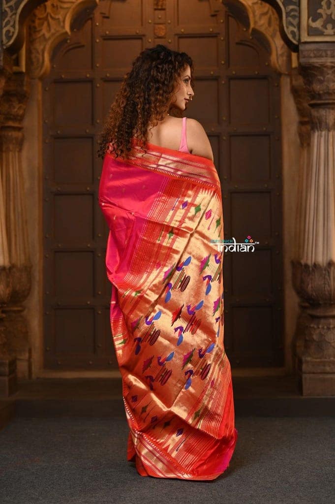 Parampara ~ Handloom Pure Silk Paithani Saree with Traditional Double Pallu in Rani Pink view 4
