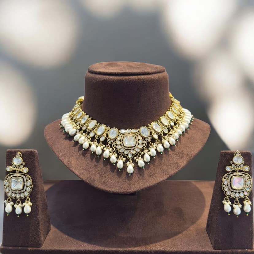 Pearl and Kundan Choker Necklace Set By Dia Art Jewels view 2