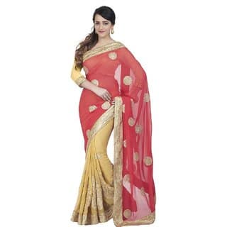 Oomph! Tomato Red Beige Half Half Georgette Embroidered Designer Saree