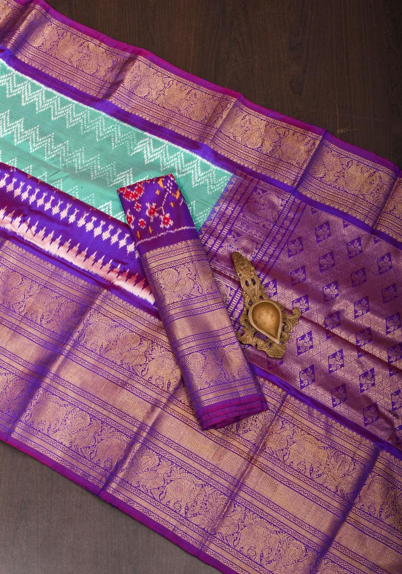 Unique Ikkat Kanjivaram Fusion Silk Saree with wide zari borders and zari pallu | SILK MARK CERTIFIED view 2