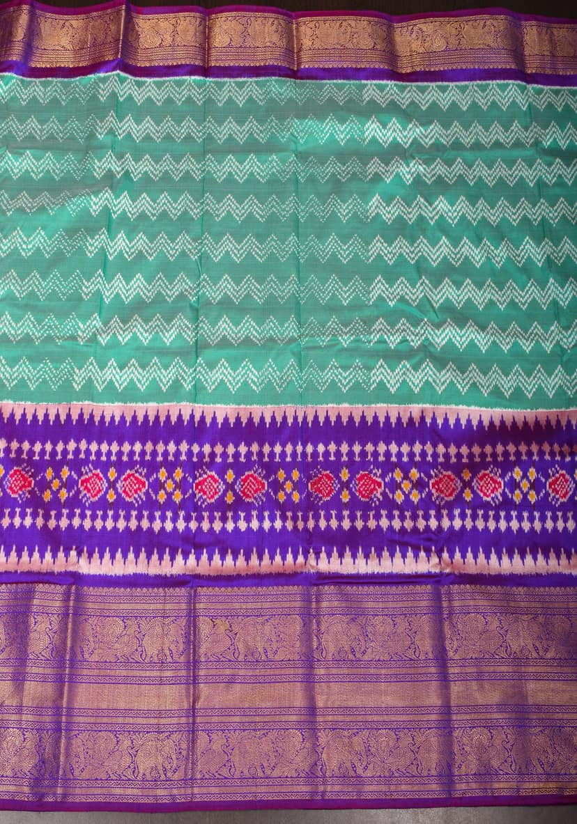Unique Ikkat Kanjivaram Fusion Silk Saree with wide zari borders and zari pallu | SILK MARK CERTIFIED view 3